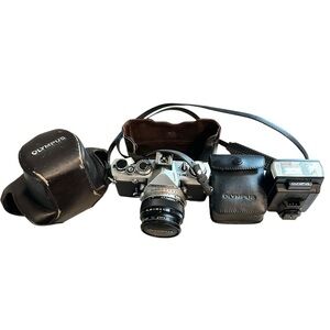 Vintage Olympus OM-1 35mm Photography Camera with Flash Attachment and Cases